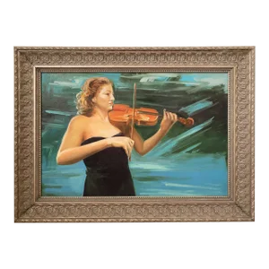 Large Expressionist Style Oil Painting of Woman Playing Violin Framed 36x24 Canvas