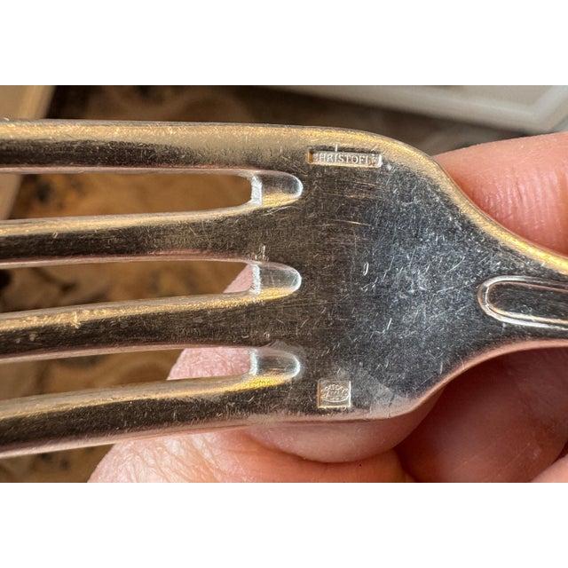 Metal Antique Orfevrerie Christofle "Canaux Laurier" Monogramed Cutlery Set of 24 - 12 Dinner Knife and 12 Fork - 8" Long For Sale - Image 7 of 11