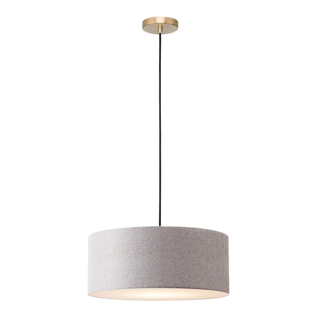 Stretch Pendant, Cashmere Gray Linen Shade, Weathered Brass For Sale