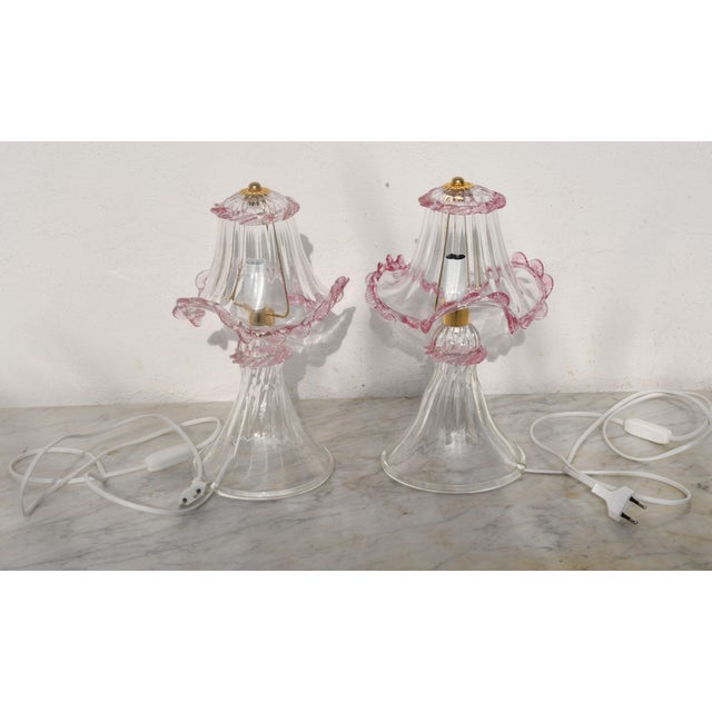 Pair of Pink table lamps in Murano glass. Design and production period: 1980. Both lamps are fitted with an E14 bulb, with...