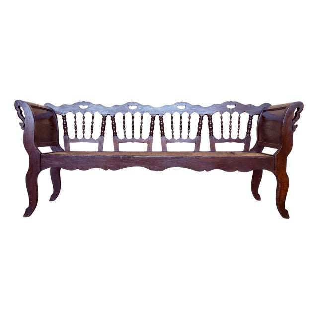 20th Century Large Catalan Bench in Walnut with Caned Seat For Sale