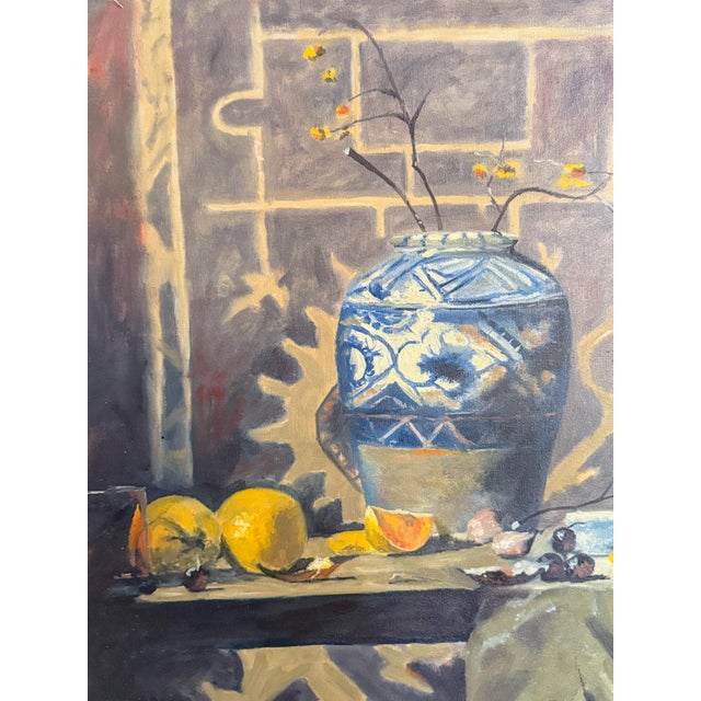 Stunning Original Impressionist Still Life painting on canvas, featuring blue and white chinoiserie pottery with yellow...