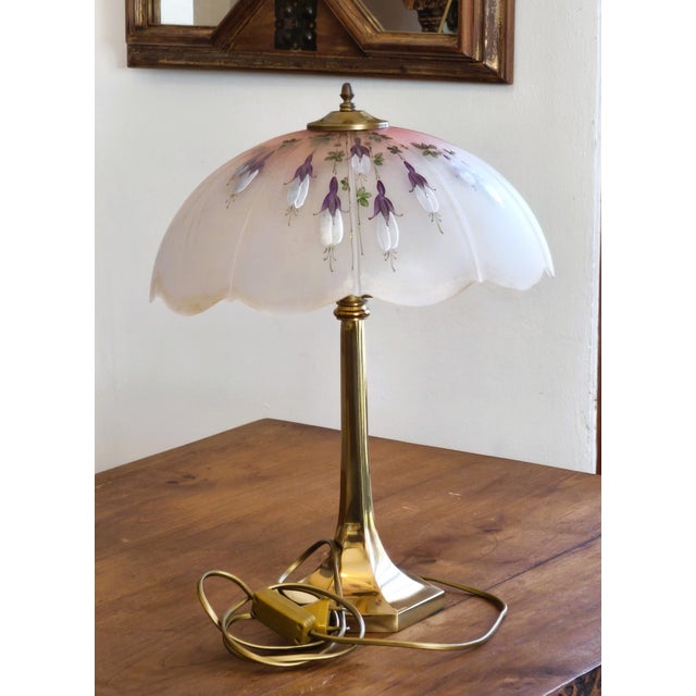 Brass Table Lamp with Hand-Painted Satin Glass Shade, Italy, 1980s For Sale - Image 10 of 12