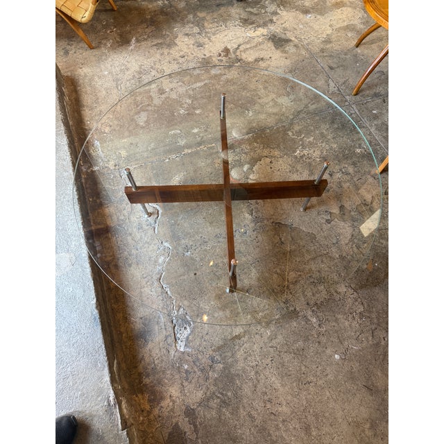 Wood Italian Round Glass Coffee Table With Wood X-Base For Sale - Image 7 of 12