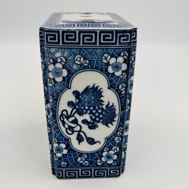 Vintage Chinoiserie Blue and White Porcelain Foo Dog Flower Frog For Sale In New York - Image 6 of 11