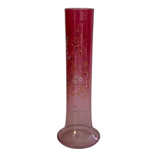 Antique Victoria Moser Bohemian Cranberry Glass Mantel Bud Vase Gold Gilded Floral Late 19th Century For Sale