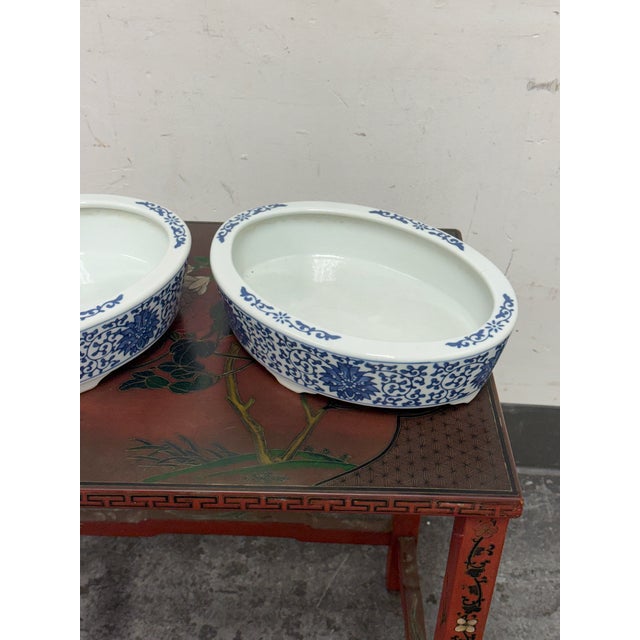Blue + White Chinoiserie Vintage Ceramic Oval Planters, Pair For Sale - Image 9 of 12