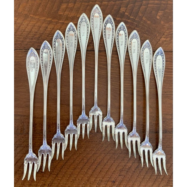 Metal "The Ritz" Antique Hotel Silver Plate Cocktail Forks or Oyster Forks - Set of 11 - Hard to Find! - Seafood Forks, Coastal Entertaining, See Pics! For Sale - Image 7 of 10