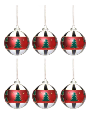 Tree Motif Ball Ornaments, Set of 6, 3.25"