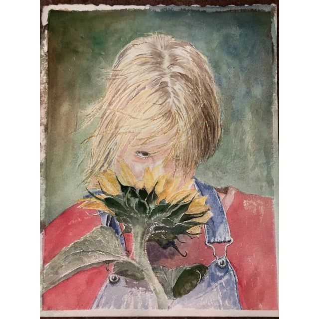 Contemporary 1970’s Original Impressionist Child With Sunflower Watercolor Painting For Sale - Image 3 of 3