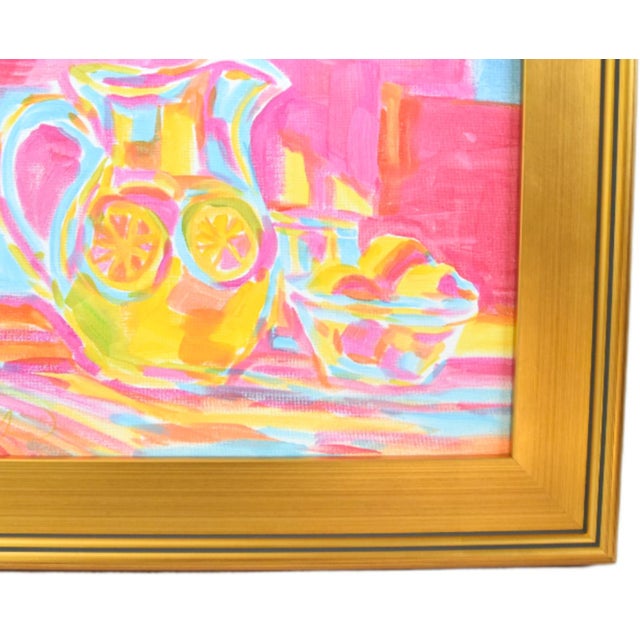 Original impressionist painting of a pitcher of lemonade on a stretched artist canvas. Signed by the artist "Charlene...