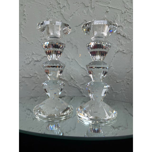 Glass Pair of Simon Designs Faceted Crystal Candlesticks – Geometric Art Deco Style For Sale - Image 7 of 12