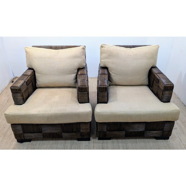 Vintage Donghia “Block Island” Woven Rattan pair of club chairs by John Hutton embody a high-quality design and coastal...
