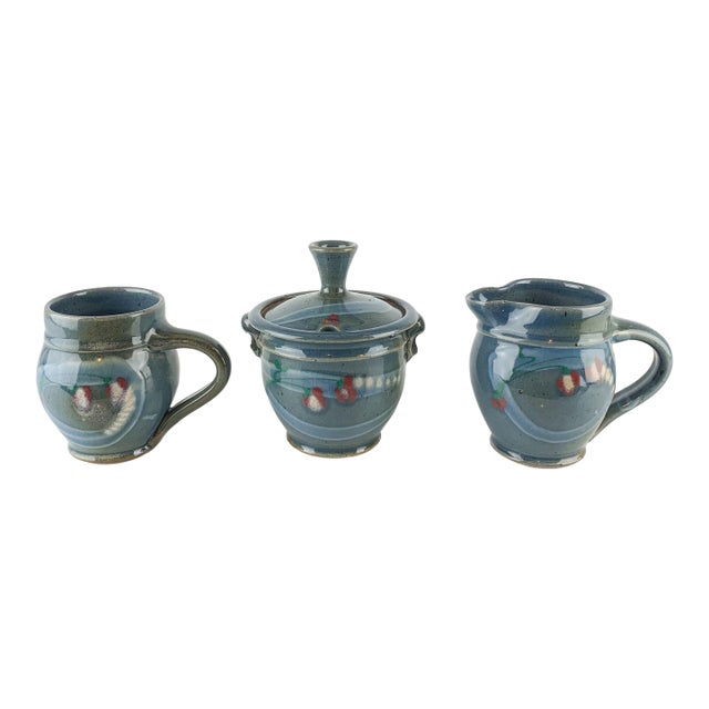 Vintage Abstract Studio Pottery Mug Sugar / Honey Creamer Set Signed Blue Green For Sale