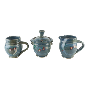 Vintage Abstract Studio Pottery Mug Sugar / Honey Creamer Set Signed Blue Green