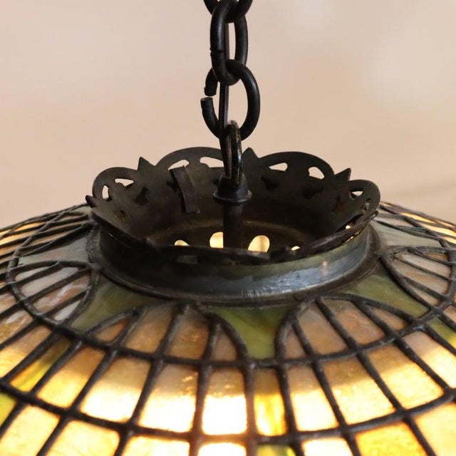 1910s Duffner & Kimberly Attr Arts & Crafts Leaded Stained Glass Hanging Light For Sale - Image 4 of 11
