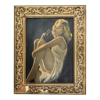 MCM Oil Painting, Beauty W Bird, 17.5x21 W Frame For Sale
