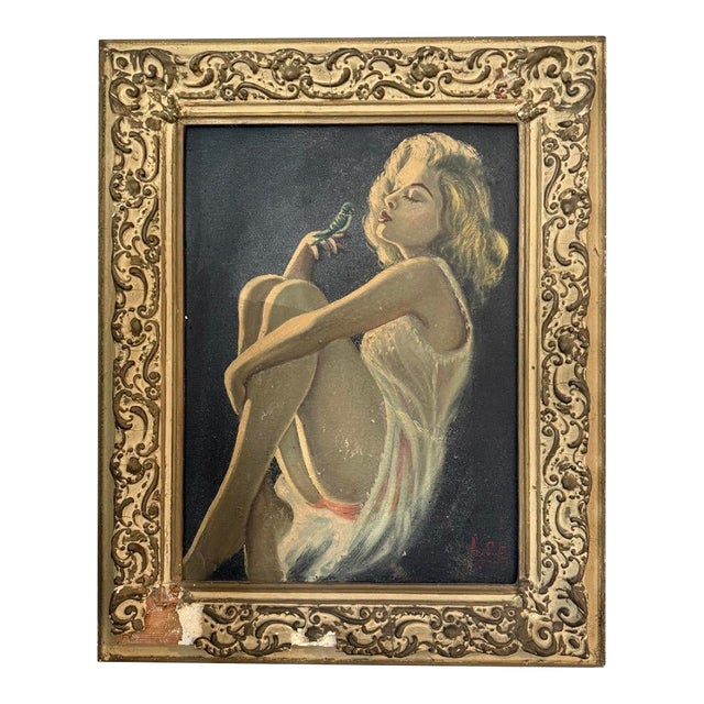 MCM Oil Painting, Beauty W Bird, 17.5x21 W Frame For Sale