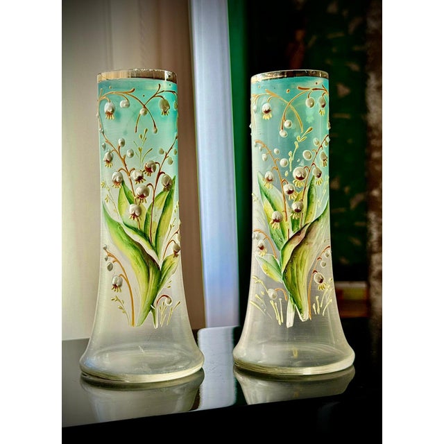 A refined pair of Art Nouveau satin glass vases attributed to Legras & Cie., featuring hand-painted and enamelled lily of...
