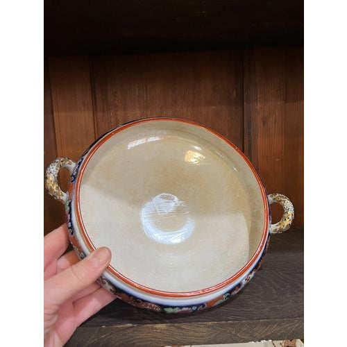 Gorgeous Imari pattern Staffordshire Ridgway England footed bowl or tureen with double gold wreath pattern handles. Round...