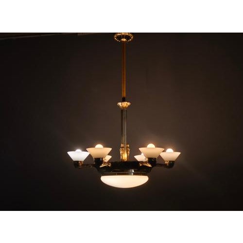 Art Deco Brass Chandelier with Glass Shades, Czechoslovakia, 1930s For Sale - Image 15 of 17