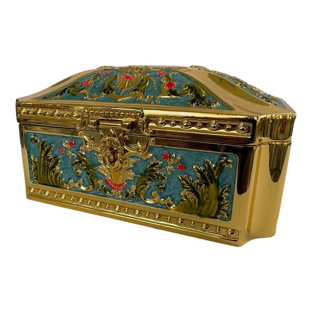 Hollywood Regency Gilt Metal Jewelry Casket With Turquoise Enamel Panels & Velvet Interior For Sale