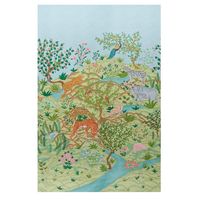 A fantastical landscape animated by exotic flora and fauna, this scenic verdant-colored wallpaper design was inspired by...
