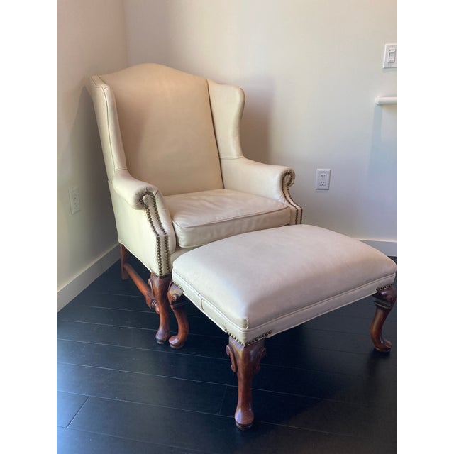 Traditional Vintage Ivory Leather Chair Ottoman 2pc Sam Moore Hooker Furnishings For Sale - Image 3 of 10