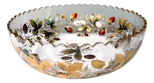 Goofus Enameled Glass Bowl with Strawberries and Gilded Leafs Decor, 1890s