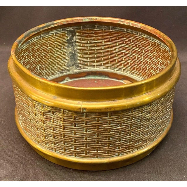 Contemporary Vintage Solid Brass Round Basketweave Pattern Planter For Sale - Image 3 of 8