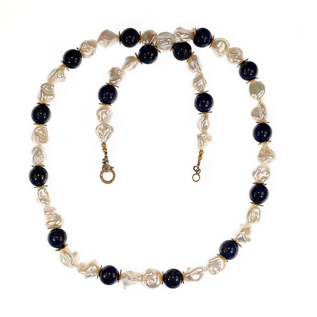 Keshi Pearl and Lapis Lazuli Necklace June Birthstone For Sale - Image 11 of 12