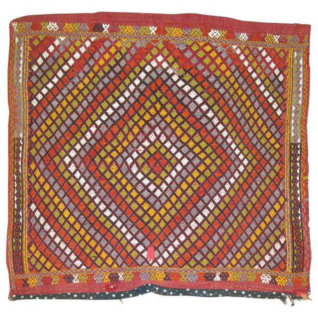 Colorful midcentury Turkish Jajim. Dominant accents in orange, yellow, green. Measures: 3'6” x 4'2” With the Jijim weaving...
