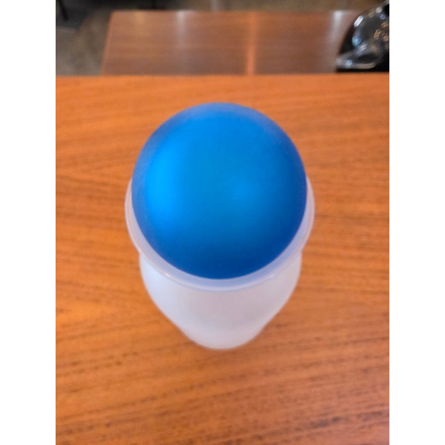 Vintage Frosted Glass Decanter / Bottle With Cobalt Blue Ball Stopper For Sale - Image 12 of 14