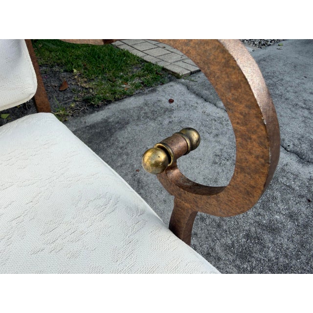 Spanish Revival Vintage Hammered Iron Scroll Arm Lounge Chairs With Brass Finials, a Pair For Sale - Image 3 of 18