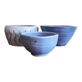 Vintage Set of 3 Blue Glazed Stoneware Pottery Bowls For Sale