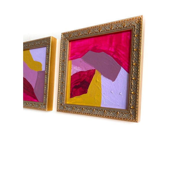 Two original mini paintings by Jessalin Beutler in a set with matching gold frames. Artwork is mixed media on canvas...