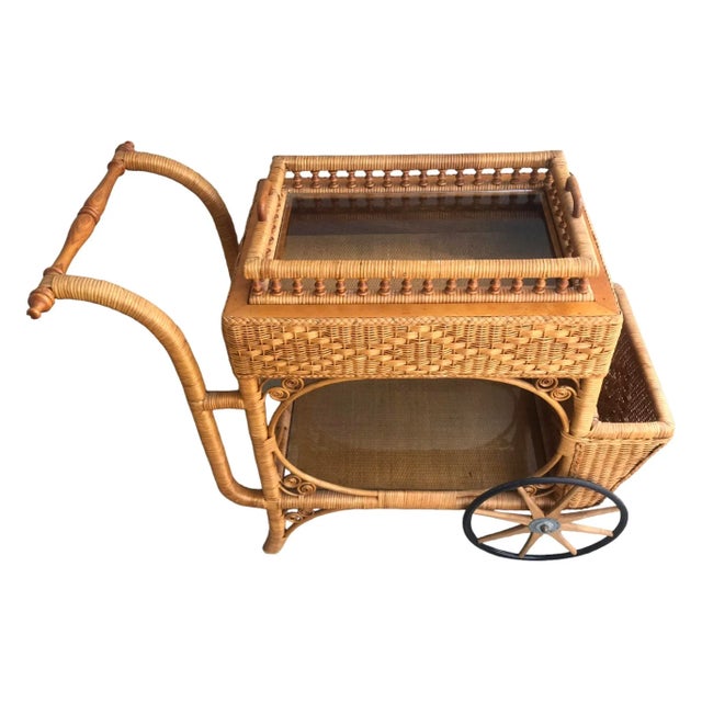 Rare Early 1900’s Heywood Wakefield Rattan & Cane Serving Tea Bar Cart For Sale In Los Angeles - Image 6 of 12