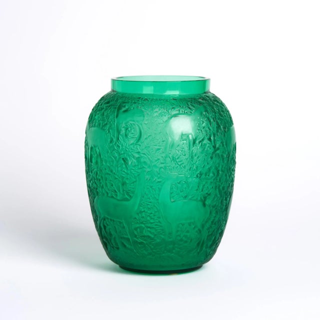 Lalique Green Glass Biches Vase This vase measures: 5.5 wide x 5.5 deep x 6.75 inches high and is in Great Vintage...