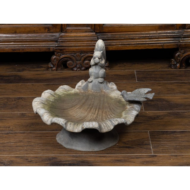 Mid-Century Modern English Midcentury Lead Bird Bath Depicting a Shell with Squirrel and Bird For Sale - Image 3 of 10