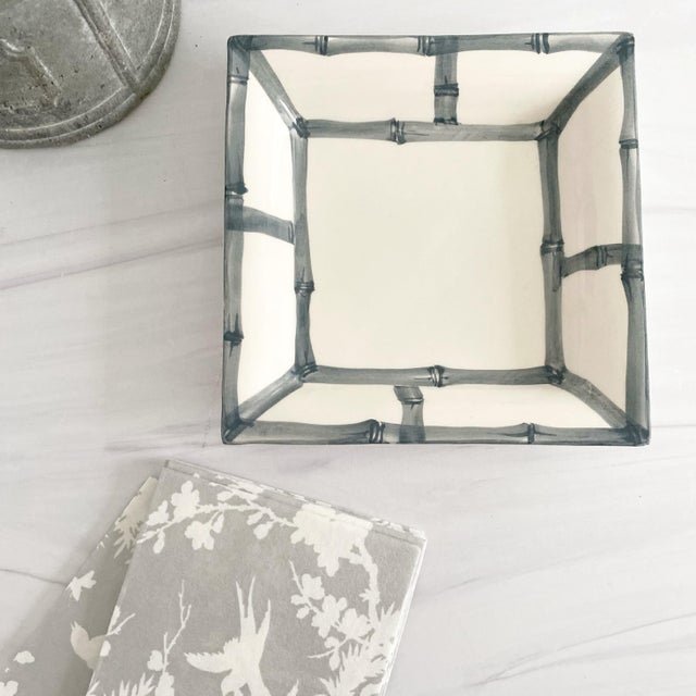 Italian Fret Rim Tray — Italian Hand-Painted Ceramic, Bamboo Motif, Gray For Sale - Image 3 of 5