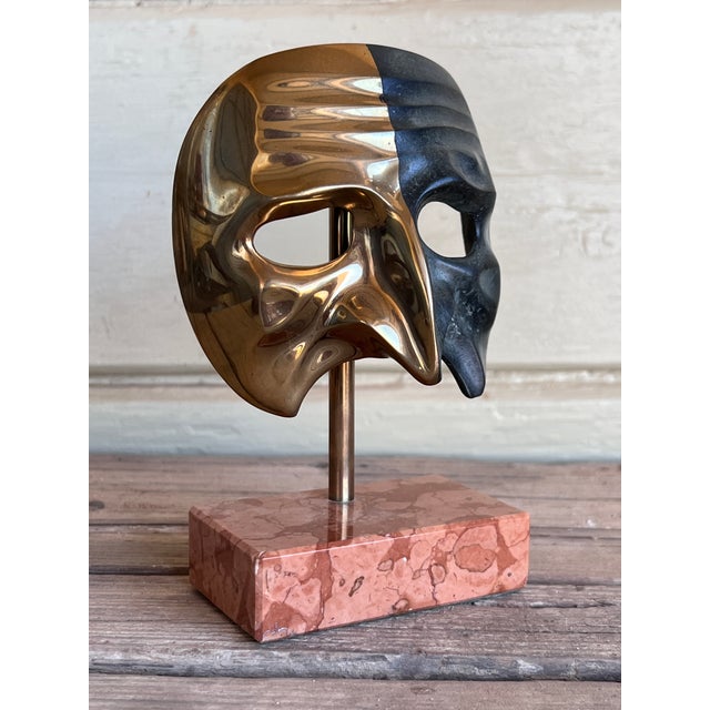 Signed Venetian Baroque Brass Dual-Finish Gilded Pantalone Theatrical Mask Sculpture on Marble Base. Pantalone in brass 2...