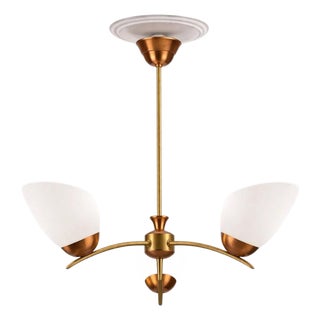 Mid-Century Swedish Brass and Copper Chandelier with Opaline Glass, 1950s For Sale
