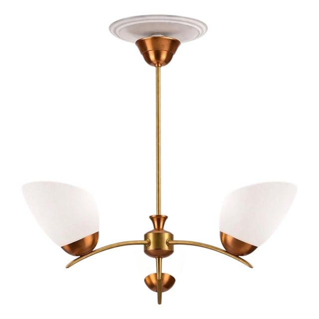 Mid-Century Swedish Brass and Copper Chandelier with Opaline Glass, 1950s For Sale