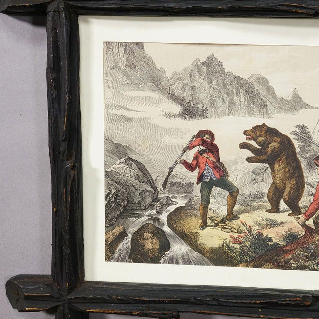Antique Lithography Print depicting a Bear Hunt 19th Century An antique lithograph depicting a bear hunt. A colorful print...