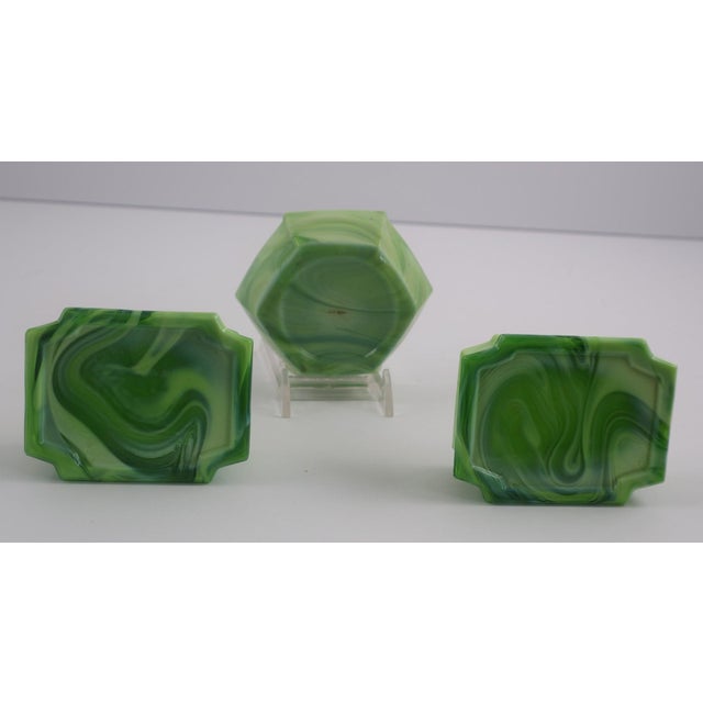 Art Deco Green Slag Glass Vanity Set – 7 Piece Dresser Set With Tray, Candlesticks & Ring Holder For Sale - Image 11 of 16