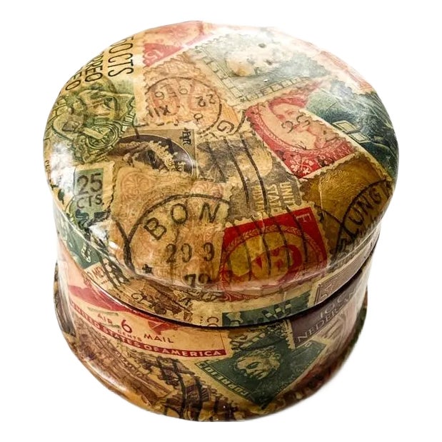 Antique Folk Art Wooden Stamp Box Miniature Decoupage | Chairish