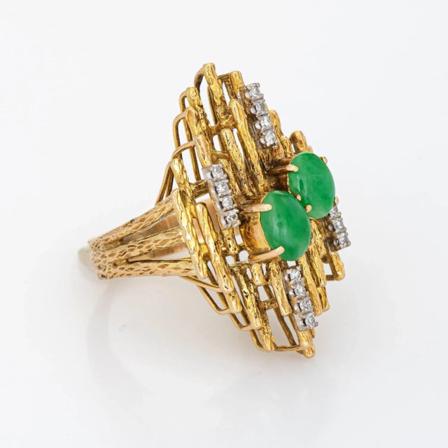 Modern 70s Abstract Jade Diamond Ring 14k Yellow Gold Cocktail Fine Jewellery Sz 5.5 For Sale - Image 3 of 7
