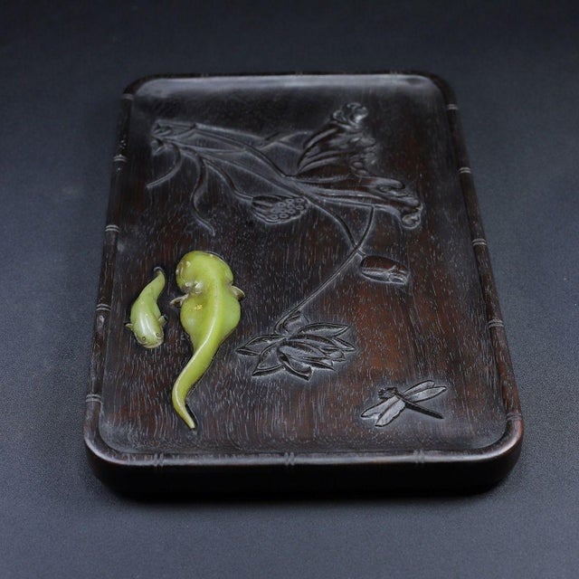 Chinese Red Huali Wood Tray With Jade Inlay Lotus & Fish Motif – Handcrafted Auspicious Serving Tray For Sale - Image 4 of 10