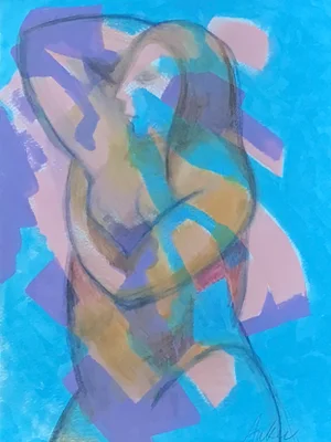 "Nude on Turquoise" Contemporary Abstract Figurative Mixed-Media Painting by CL Auker Acrylic and Graphite on Heavy Watercolor Paper