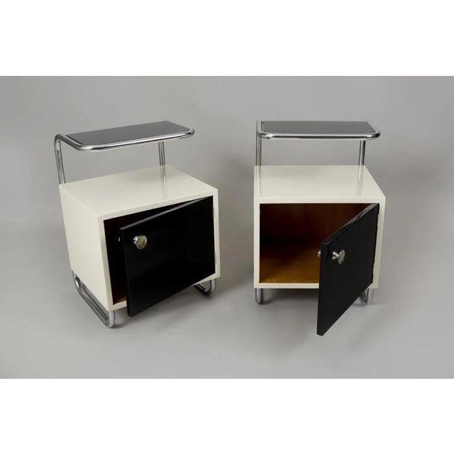 Bauhaus Functionalist Black and White Bedside Tables by Vichr a Spol, Former Czechoslovakia, 1940s, Set of 2 For Sale - Image 3 of 6